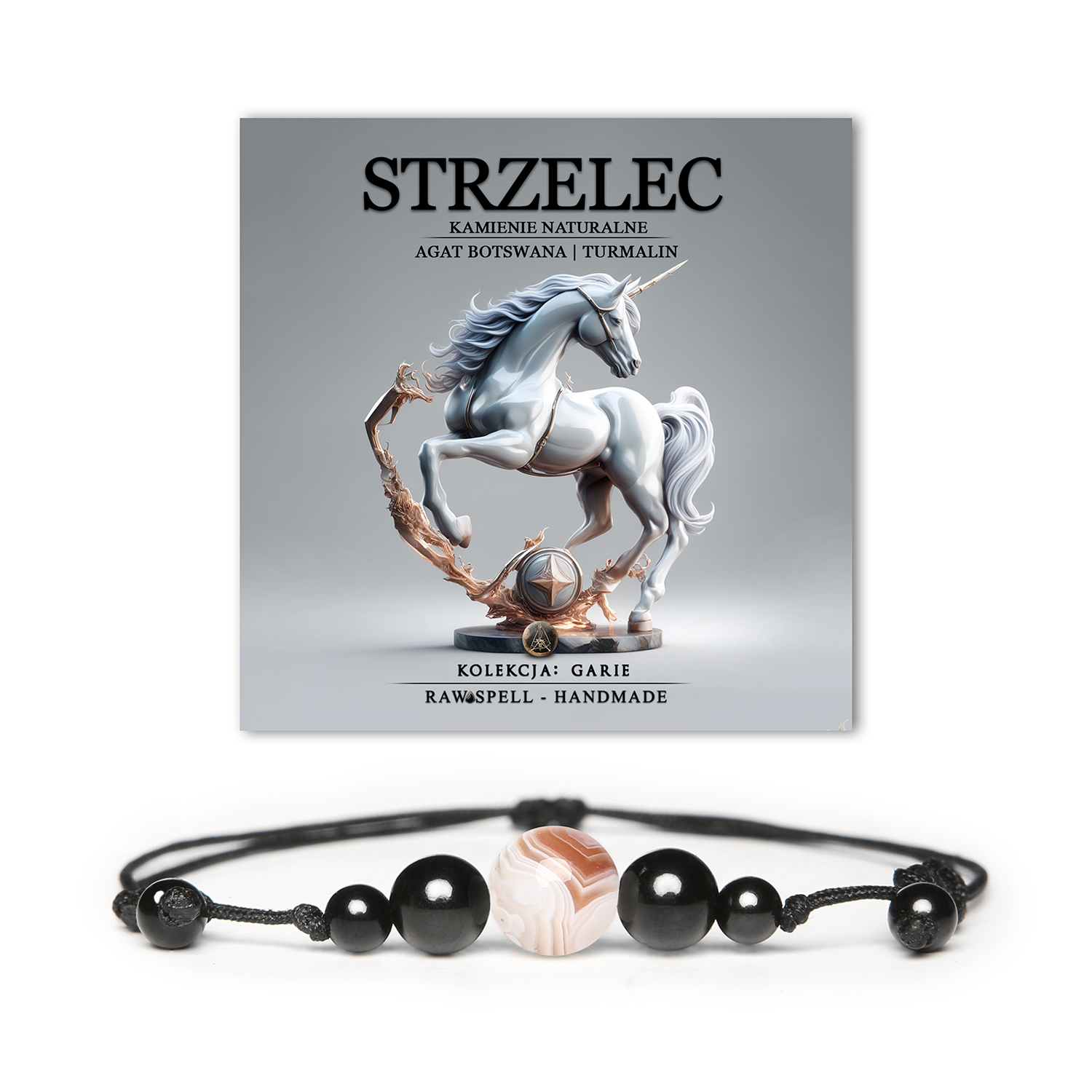 Bransoletka z naturalnych kamieni: agat Botswana i turmalin, symbolizująca niezależność Strzelca, dostępna w kolekcji Garie dla kobiet i mężczyzn.