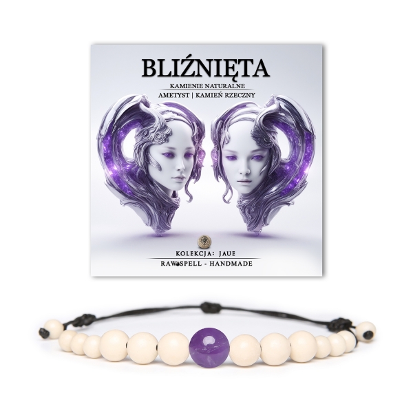 Elegancka bransoletka z kamieni naturalnych – Ametyst oraz Kamień Rzeczny, stworzona z myślą o znakach Bliźniąt, w kolekcji Jaue.