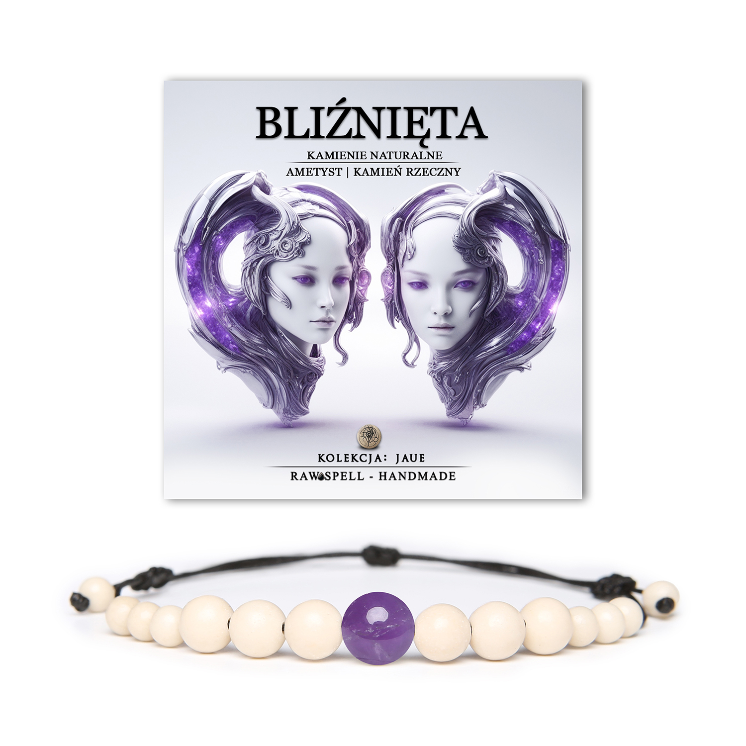 Elegancka bransoletka z kamieni naturalnych – Ametyst oraz Kamień Rzeczny, stworzona z myślą o znakach Bliźniąt, w kolekcji Jaue.