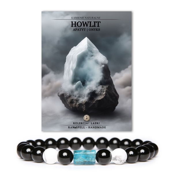 Bransoletka Laeri ozdobiona howlitem, apatytami i onyksem, dedykowana kobietom i mężczyznom.