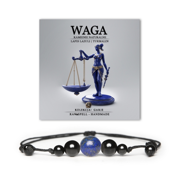Bransoletka z naturalnych kamieni Lapis Lazuli i Turmalinu z kolekcji Garie, idealna dla przedstawicieli znaku Wagi, łącząca elegancję z harmonią.