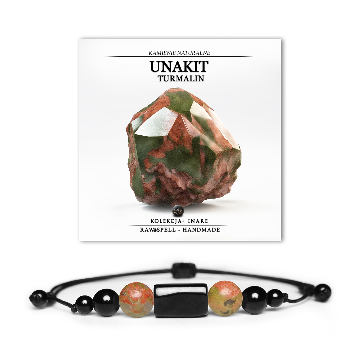 Elegancka bransoletka z naturalnych kamieni unakit i turmalin z kolekcji Inare, stworzona dla kobiet oraz mężczyzn.