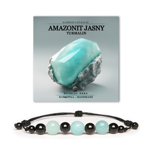Stylowa bransoletka z kolekcji Haka, wykonana z jasnego amazonitu i turmalinu, doskonała na każdą okazję dla pań i panów.