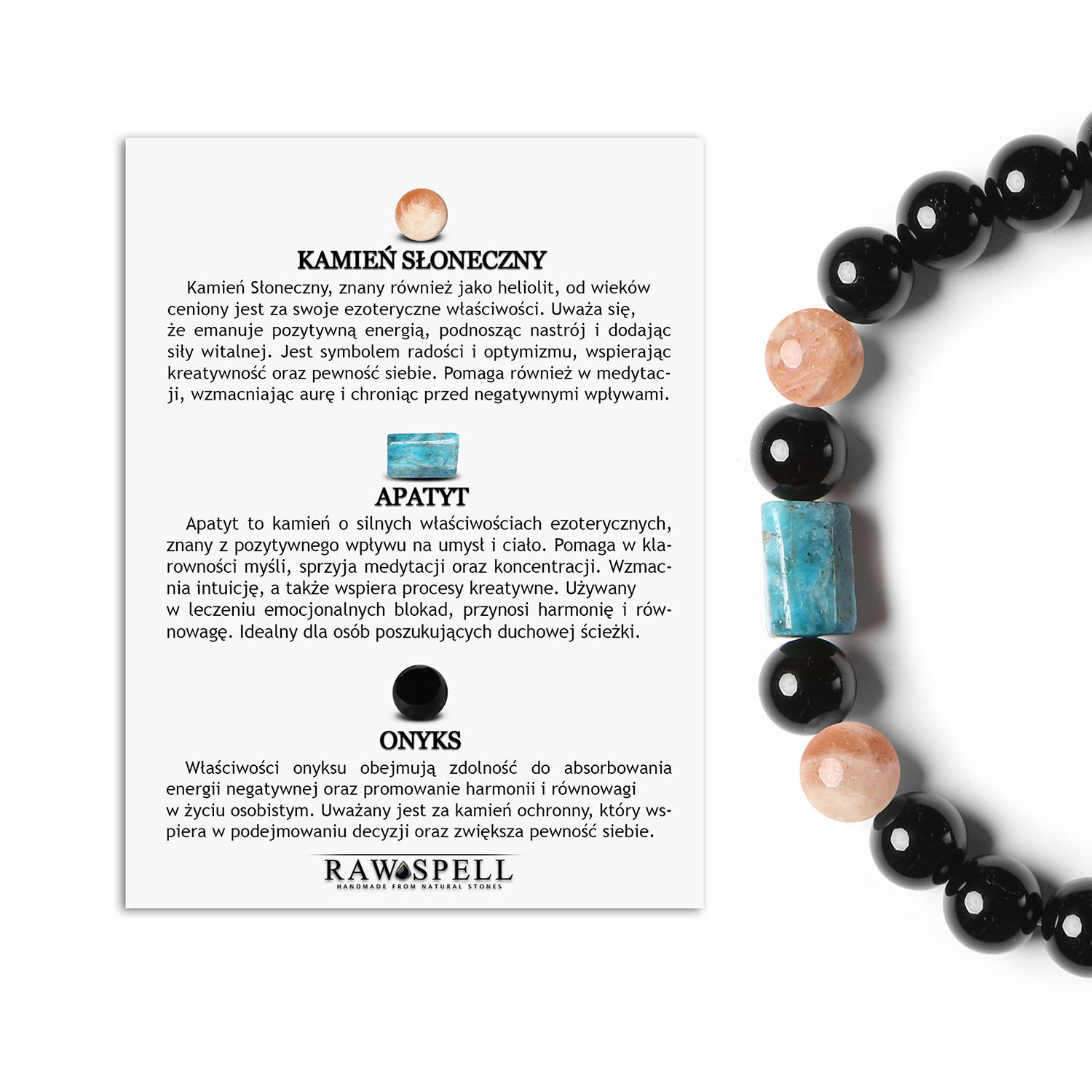 Bransoletka z gumki z kolekcji Laeri, Kamień Słoneczny, Apatyt i Onyks dla kobiet i mężczyzn Stylowa bransoletka Laeri wykonana z Kamienia Słonecznego, Apatytu i Onyksu, odpowiednia dla obu płci.