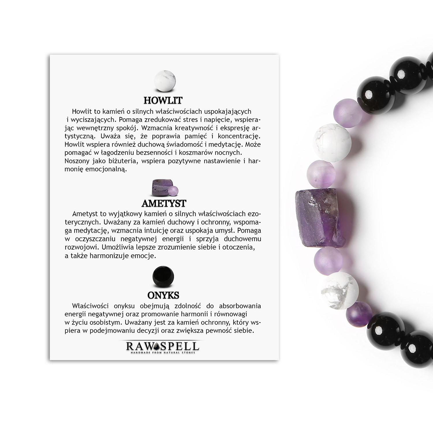 Bransoletka z howlitem, ametystem i onyksem w kolekcji Kema, dostępna dla kobiet i mężczyzn Ekskluzywna bransoletka z kolekcji Kema, wykonana z naturalnych kamieni: howlit, ametyst i onyks, idealna dla kobiet i mężczyzn.