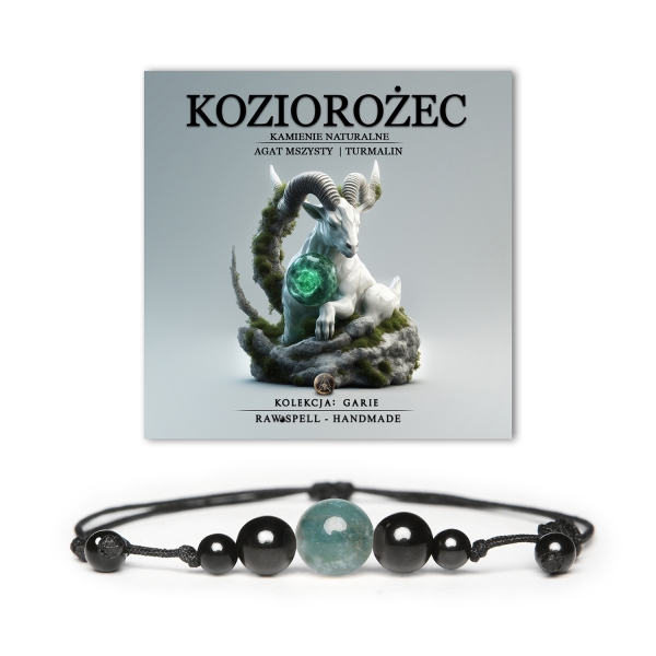Elegancka bransoletka z agatów mszystych i turmalinów, stworzona dla osób urodzonych pod znakiem Koziorożca, dostępna w wersji damskiej i męskiej.