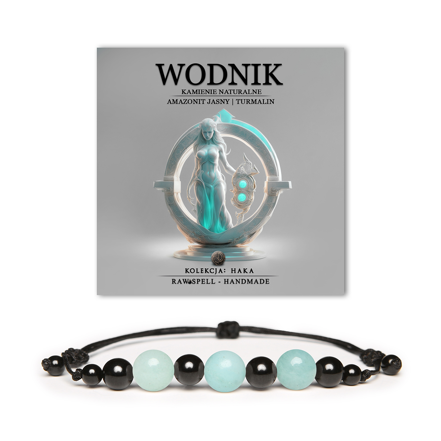 Bransoletka na sznurku z naturalnych kamieni dla Wodnika. Elegancki dodatek unisex z amazonitem i turmalinem w kolekcji Haka.