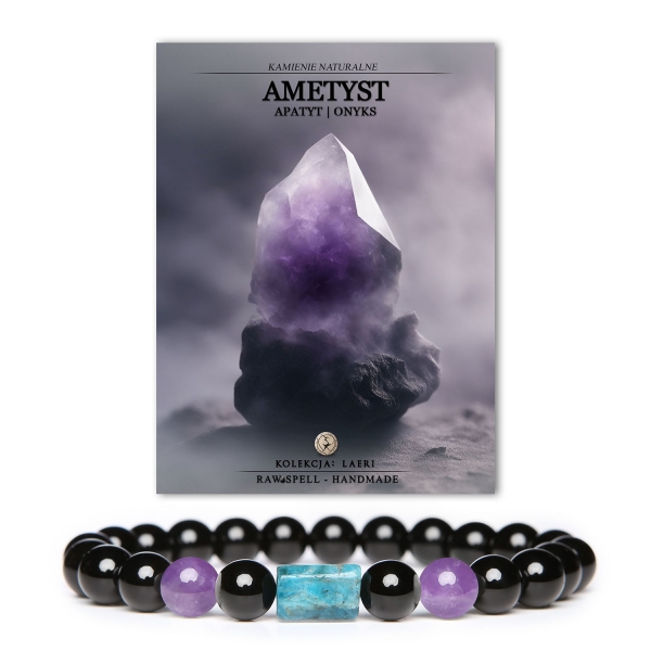 Bransoletka Laeri z naturalnymi kamieniami: ametyst, apatyt i onyx, idealna dla kobiet i mężczyzn.
