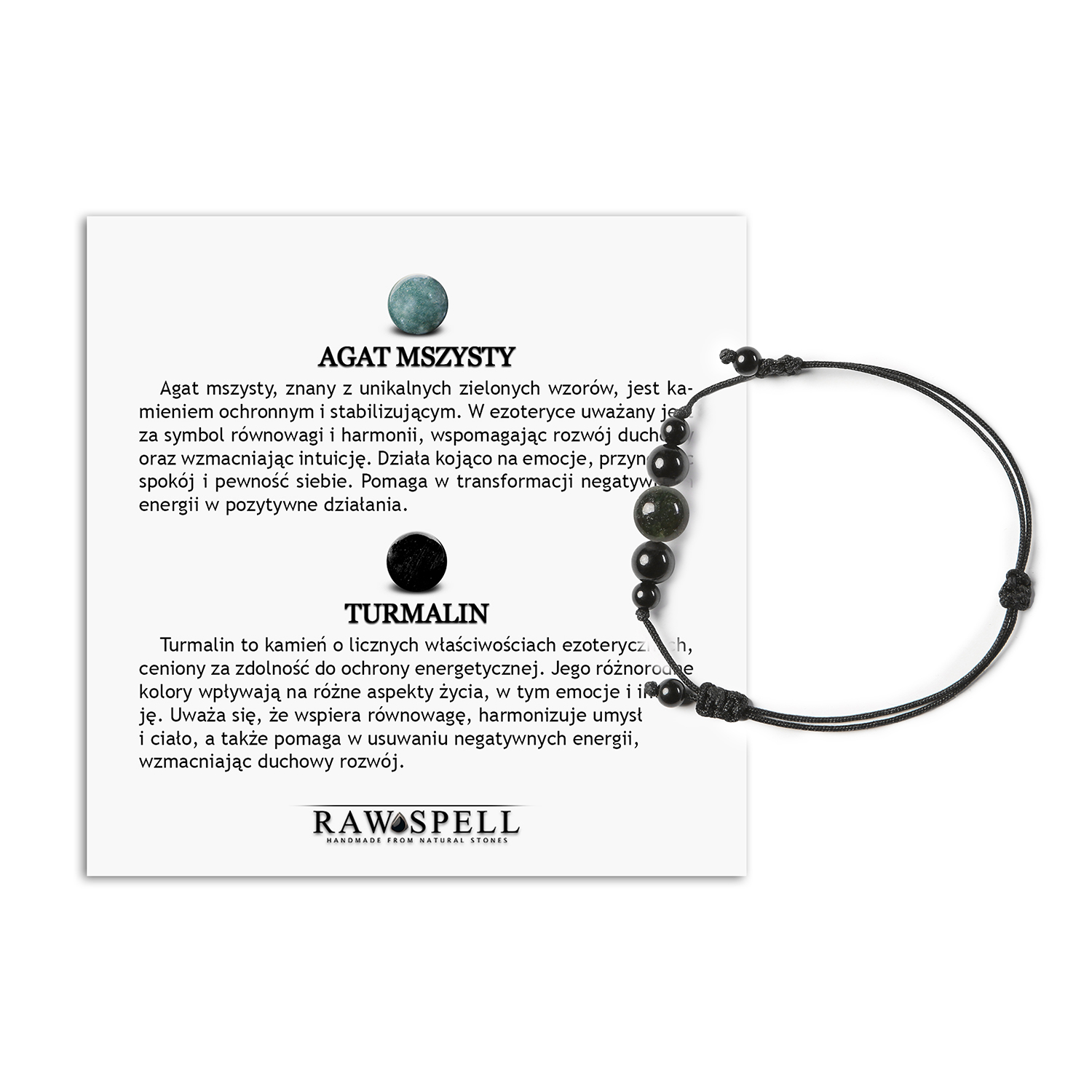 Bransoletka z kolekcji Garie na sznurku, w składzie Agat Mszysty i Turmalin, dla kobiet i mężczyzn Bransoletka z kolekcji Garie, wykonana z naturalnych kamieni – agat mszysty i turmalin, idealna dla kobiet i mężczyzn.
