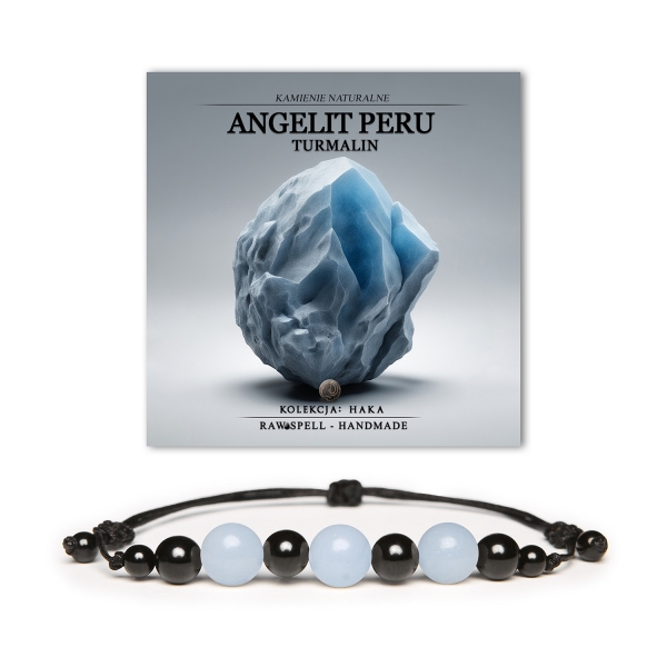 Bransoletka Haka z kamieniami naturalnymi: urokliwy angelit z Peru oraz energetyzujący turmalin, stworzona dla kobiet i mężczyzn.