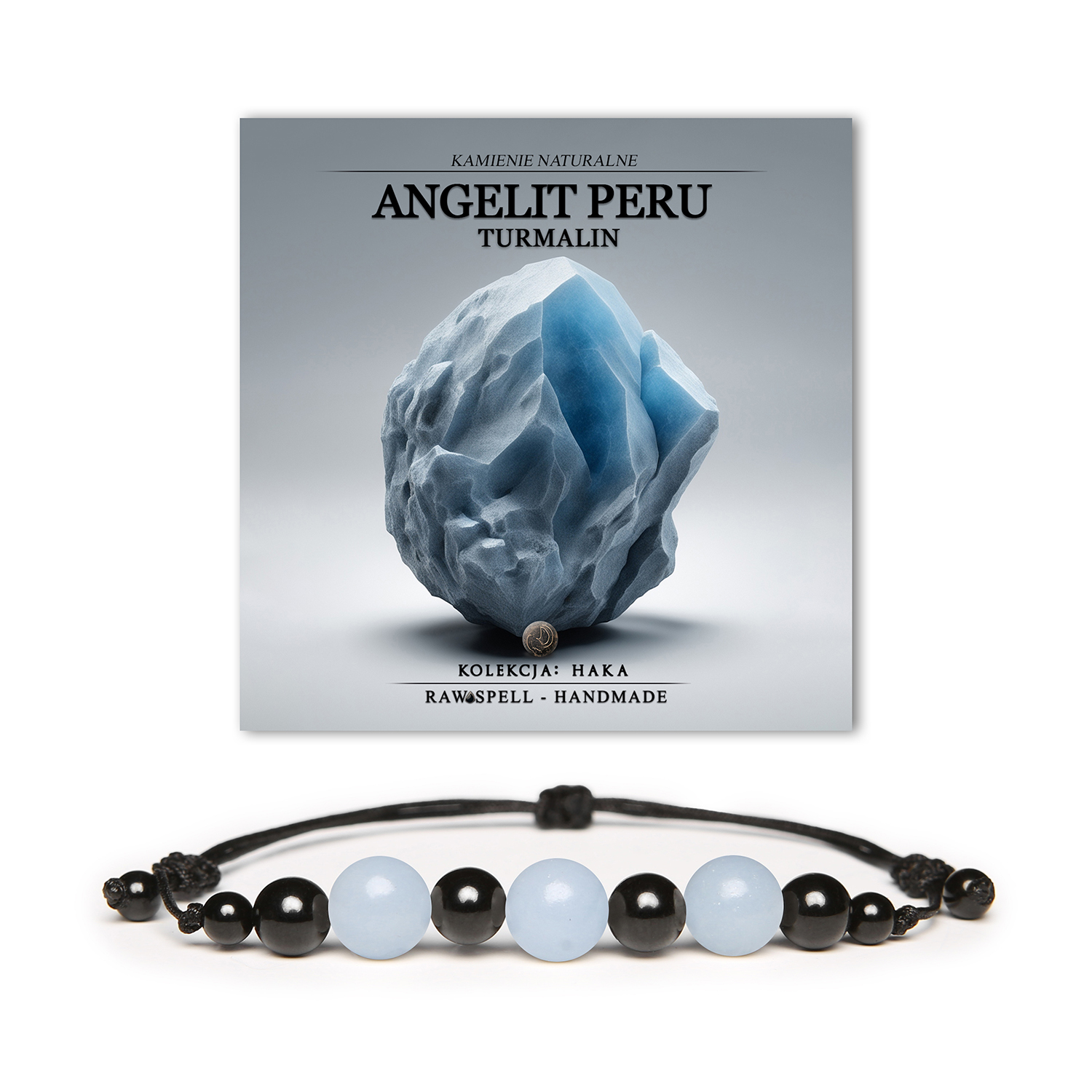 Bransoletka Haka z kamieniami naturalnymi: urokliwy angelit z Peru oraz energetyzujący turmalin, stworzona dla kobiet i mężczyzn.