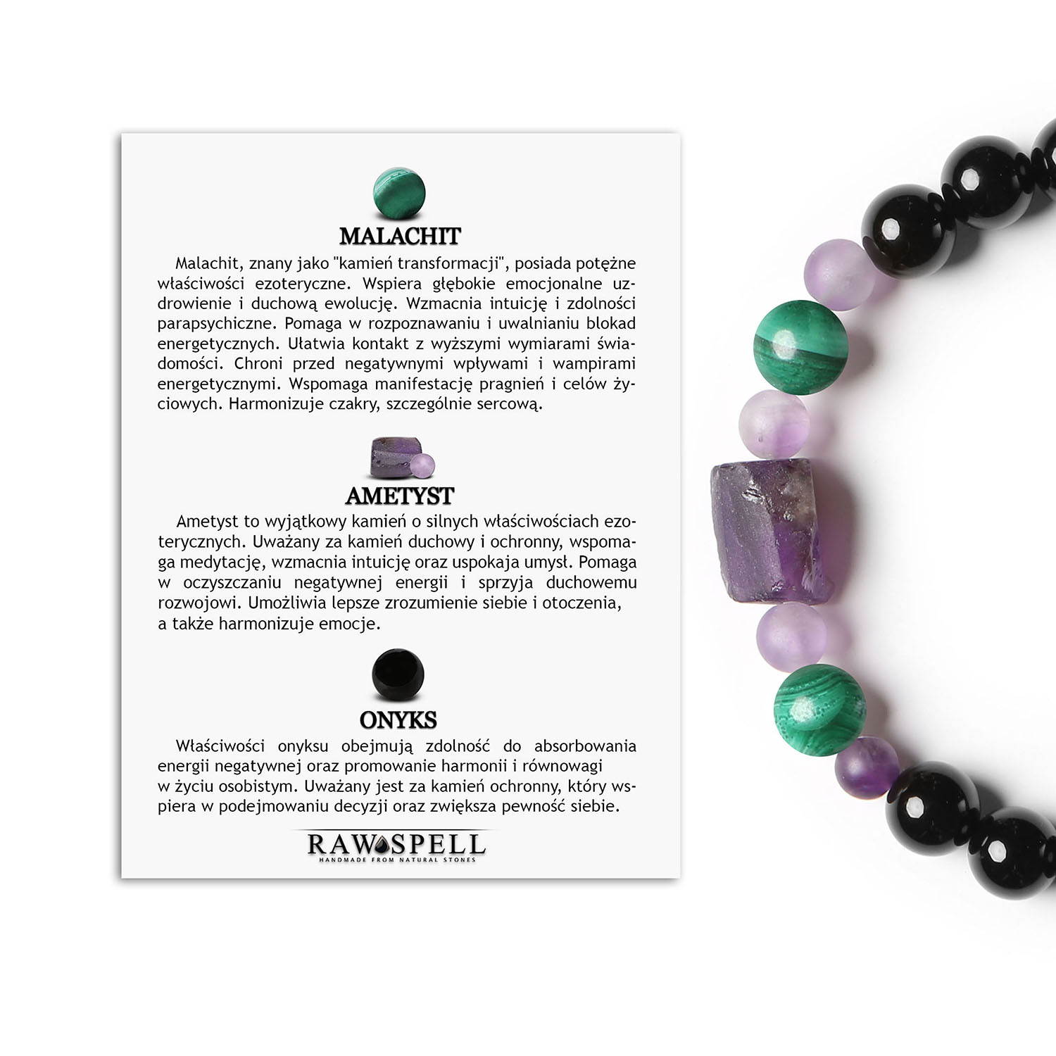 Bransoletka z kolekcji Kema na sznurku z malachitem, ametystem i onyksem, dostępna w wersji damskiej i męskiej Bransoletka Kema z kamieni naturalnych: malachit, ametyst, onyks - modne akcesorium dla damskiej i męskiej stylistyki.