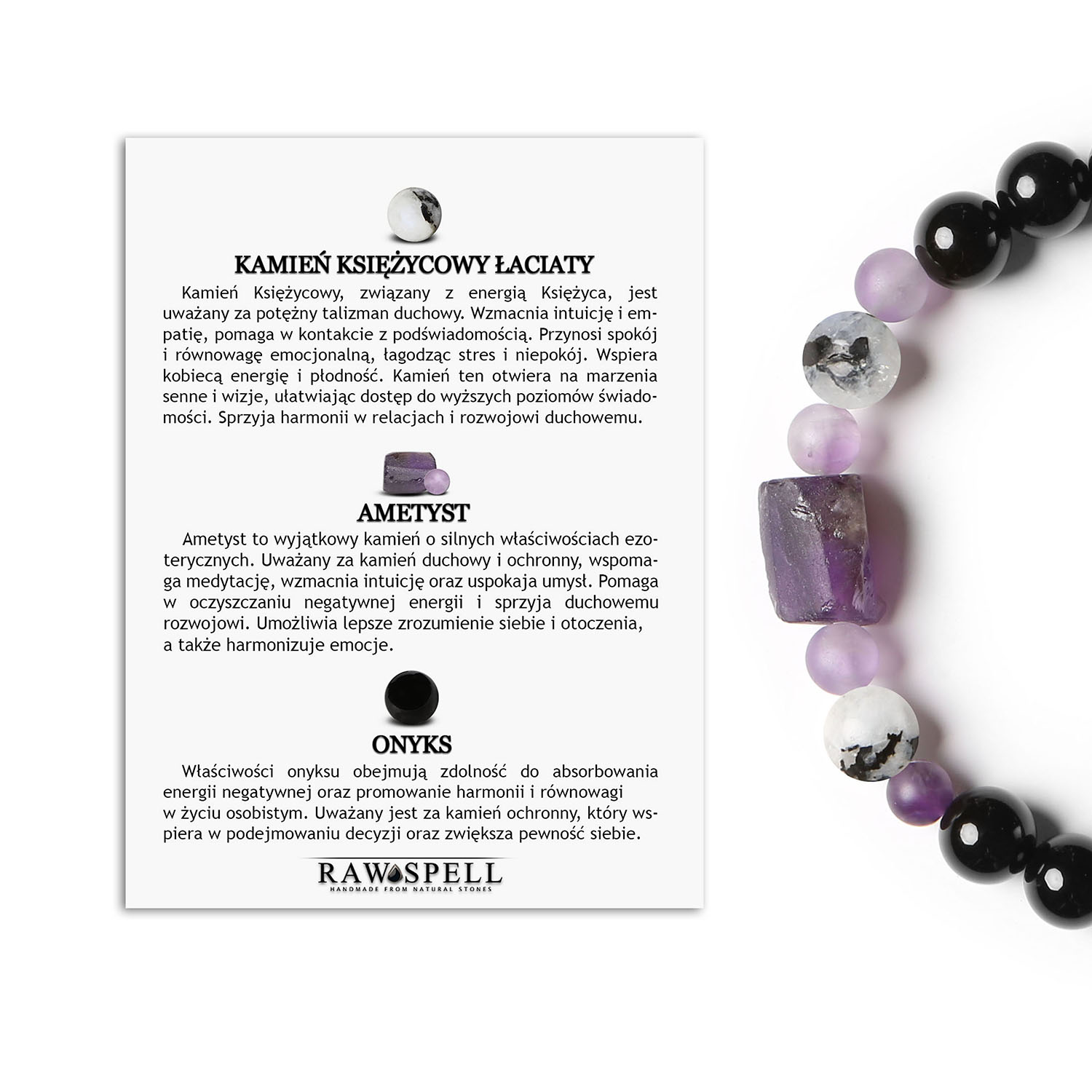 Bransoletka z kolekcji Kema wykonana na sznurku, zdobiona Księżycowym Łaciatym, Ametystem i Onyksu, dostępna dla każdego Bransoletka damska i męska z kolekcji Kema, ozdobiona kamieniem księżycowym łaciatym, ametystem i onyksami.