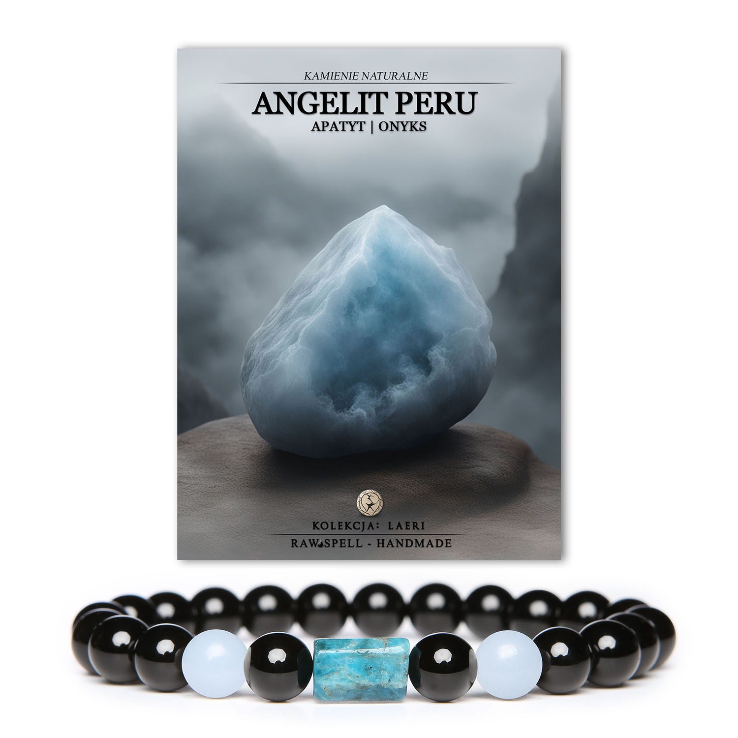 Bransoletka z kolekcji Laeri z naturalnymi kamieniami: angelit, apatyt i onyks, idealna dla kobiet i mężczyzn.