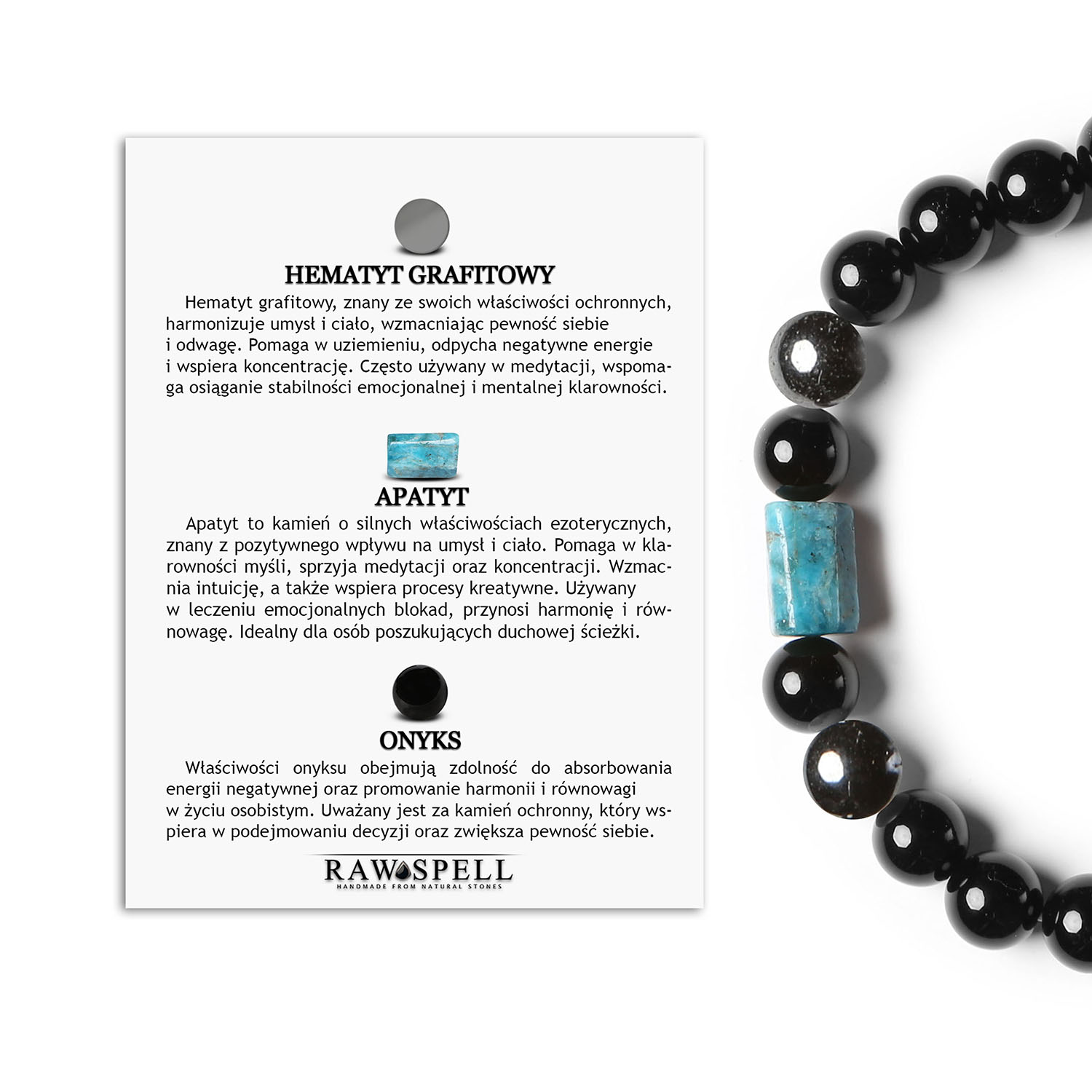 Bransoletka z kolekcji Laeri na gumce, z grafitowym hematytem, apatytami i onyksami, dla każdego bez względu na płeć Bransoletka z kamieniami naturalnymi - hematyt grafitowy, apatyt i onyks, z kolekcji Laeri, dla kobiet i mężczyzn.