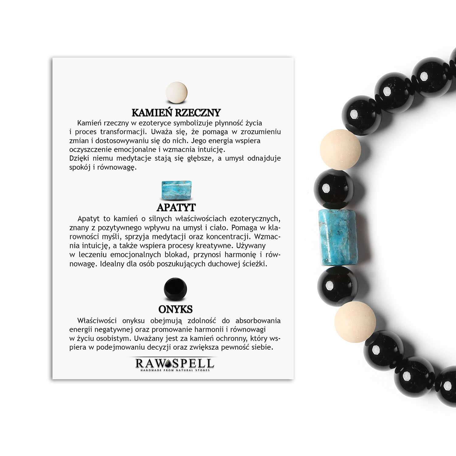 Bransoletka z kolekcji Laeri na gumce z kamieniem rzecznym, apatyt i onyks, stworzona dla kobiet i mężczyzn Elegancka bransoletka Laeri z kamieni naturalnych: Rzeczny Kamień, Apatyt i Onyks, doskonały wybór dla mężczyzn i kobiet.