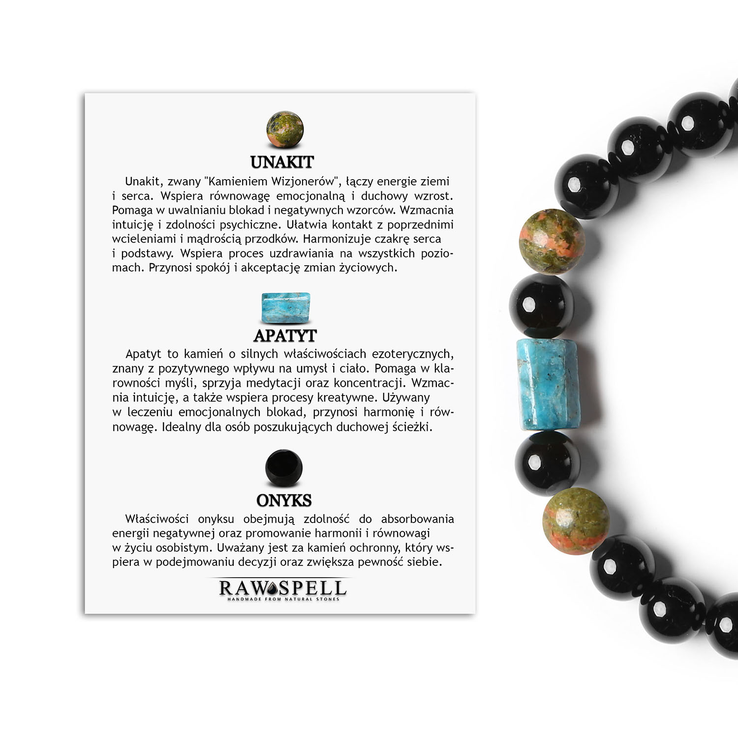 Bransoletka z kolekcji Laeri na gumce z unakitem, apatytą i onyksami, stworzona z myślą o kobietach i mężczyznach Bransoletka Laeri z kamieniami naturalnymi: unakit, apatyt, onyks - unikatowy dodatek dla kobiet i mężczyzn.