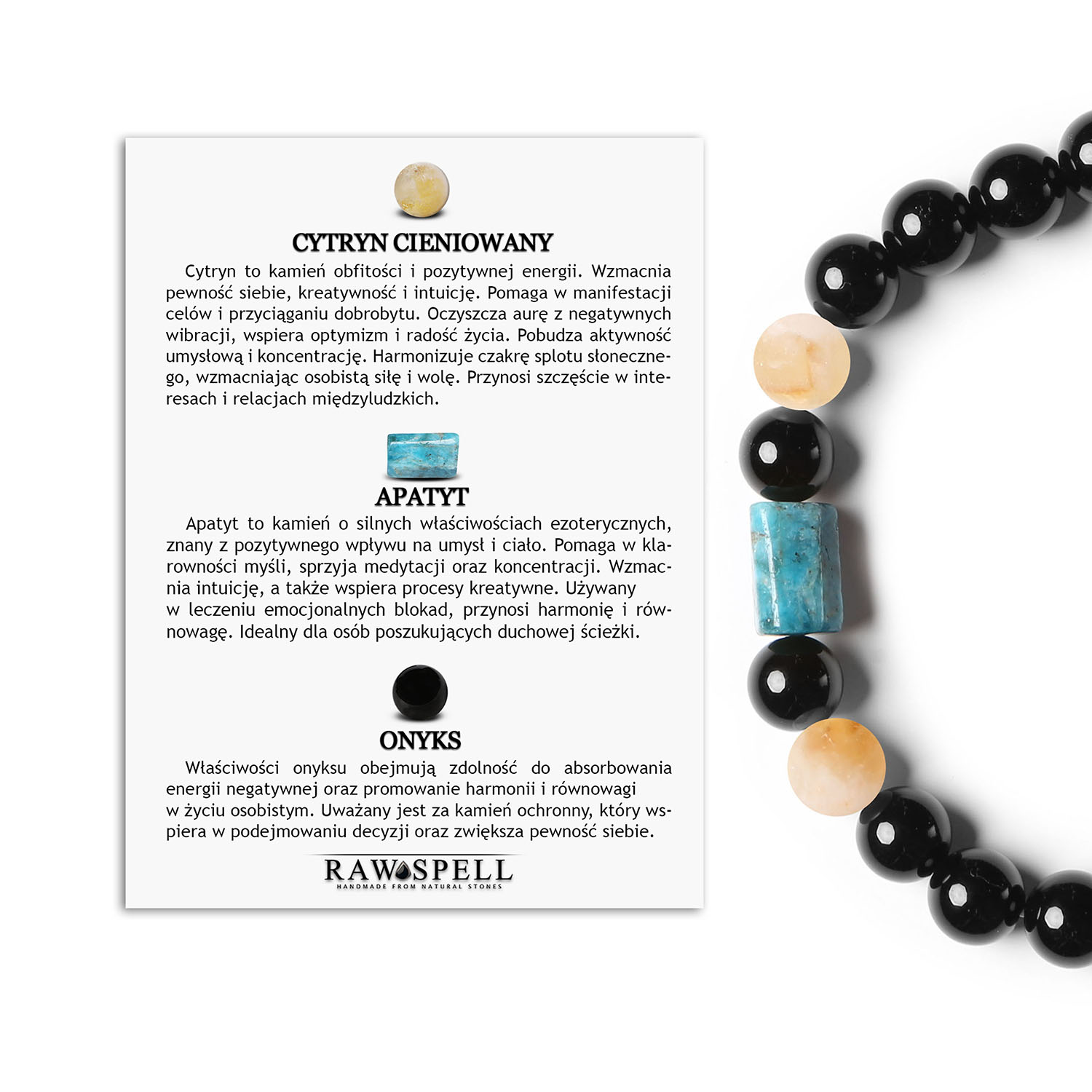 Bransoletka z kolekcji Laeri na gumce, zawierająca cytryn cieniowany, apatyt i onyks, idealna dla kobiet i mężczyzn Bransoletka Laeri z naturalnych kamieni: cytryn cieniowany, apatyt i onyks, idealna dla kobiet i mężczyzn.