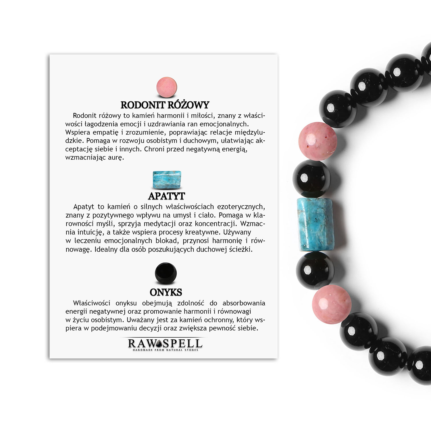 Bransoletka z kolekcji Laeri z rodonitem różowym, apatytami i onyksami - uniwersalna dla wszystkich Stylowa bransoletka Laeri z naturalnymi kamieniami: różowy rodonit, apatyty i onyks, przeznaczona dla kobiet i mężczyzn.