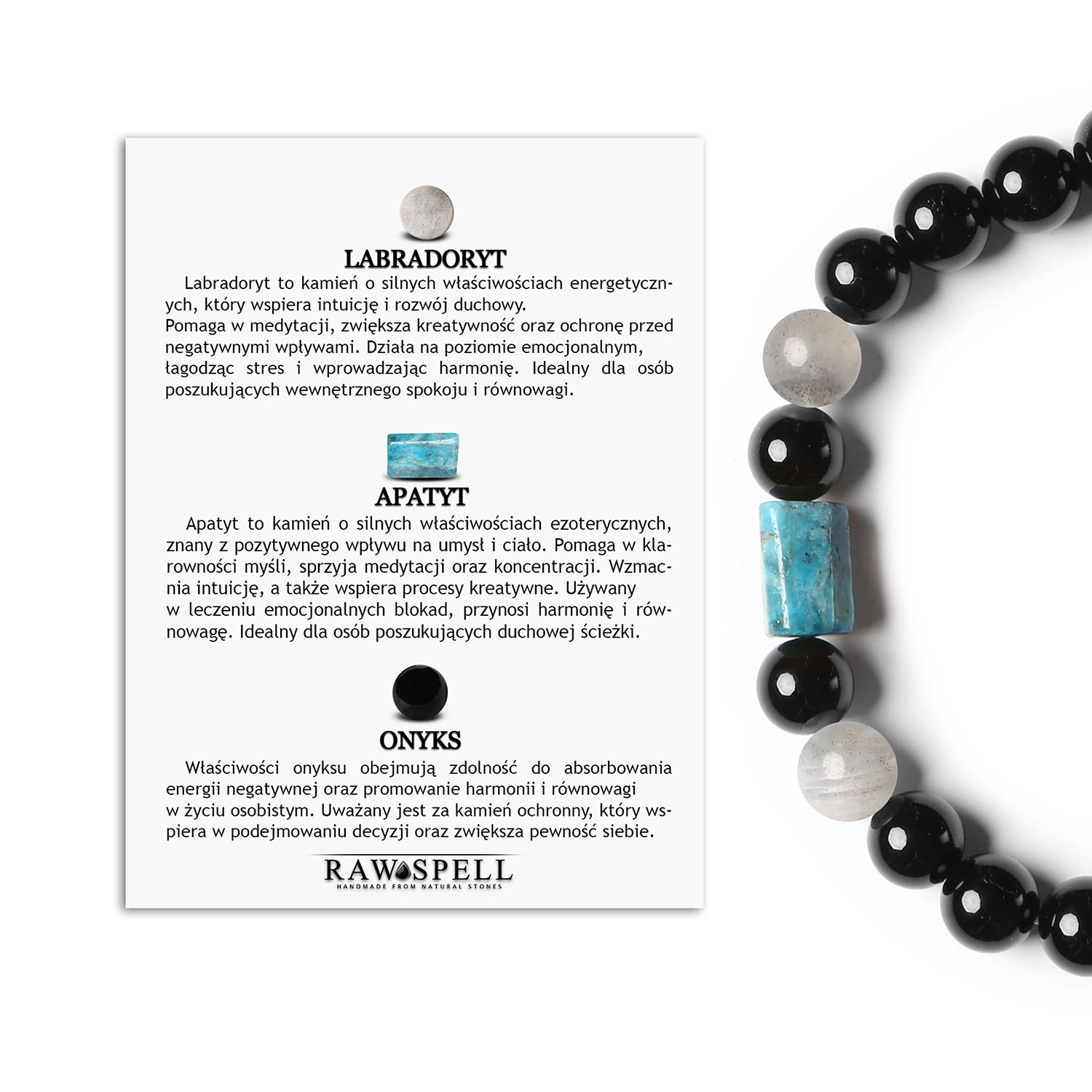 Bransoletka z labradorytem, apatytami i onyksem na gumce z kolekcji Laeri, stworzona dla kobiet i mężczyzn Elegancka bransoletka Laeri z naturalnymi kamieniami: labradoryt, apatyt, onyks - uniwersalny dodatek dla kobiet i mężczyzn.