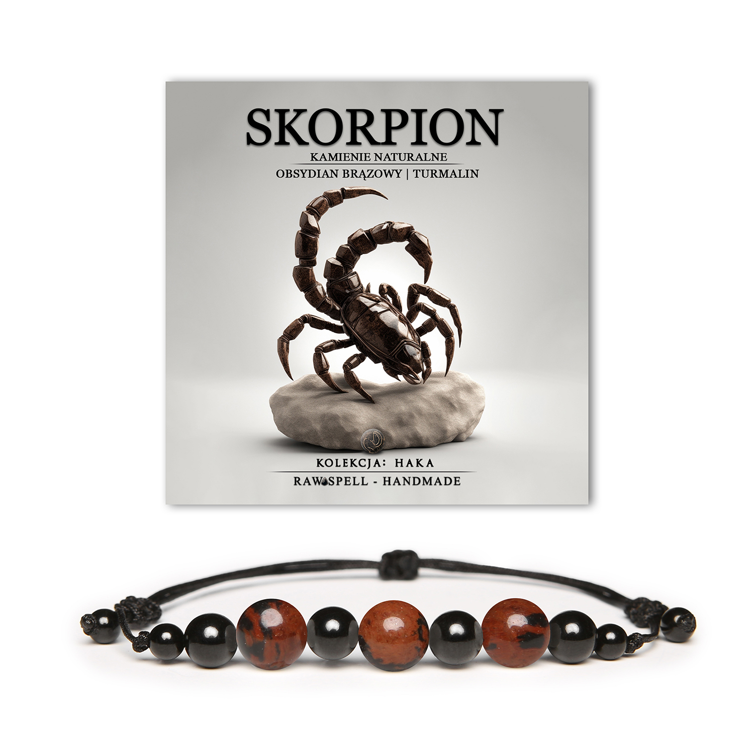 Stylowa bransoletka na sznurku z obsydianu i turmalinu, idealna dla znaku Skorpiona. Damska i męska kolekcja Haka.
