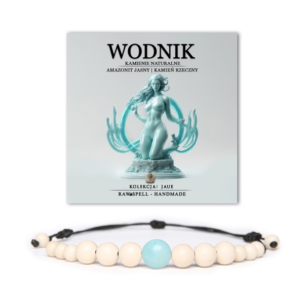 Bransoletka na sznurku z naturalnych kamieni - Amazonit Jasny i Kamień Rzeczny, idealna dla Wodników. Stylowa i uniwersalna dla kobiet i mężczyzn.