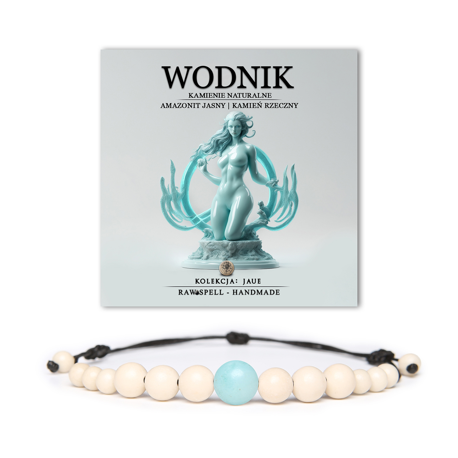Bransoletka na sznurku z naturalnych kamieni - Amazonit Jasny i Kamień Rzeczny, idealna dla Wodników. Stylowa i uniwersalna dla kobiet i mężczyzn.