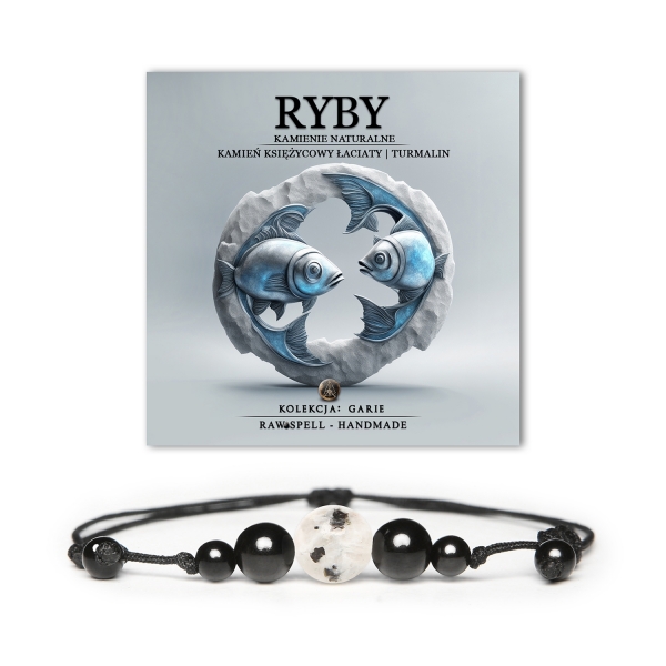 Elegancka bransoletka z kamieni naturalnych z kolekcji Garie, ozdobiona Kamieniem Księżycowym Łaciatym i Turmalinem, wyjątkowa dla osób spod znaku Ryb.