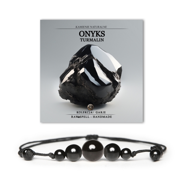 Bransoletka Garie – stylowy dodatek z naturalnych kamieni onyksu i turmalinu, dostępna w rozmiarach damskich i męskich.
