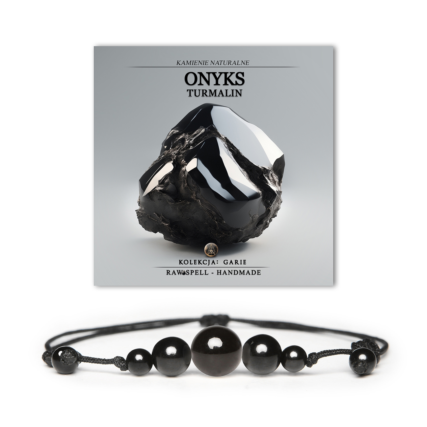 Bransoletka Garie – stylowy dodatek z naturalnych kamieni onyksu i turmalinu, dostępna w rozmiarach damskich i męskich.
