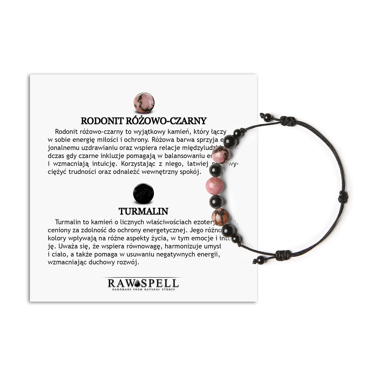 Bransoletka z rodonitem różowo-czarnym i turmalinem z kolekcji Haka, doskonała dla kobiet i mężczyzn Bransoletka Haka z różowo-czarnym rodonitem i turmalinem - elegancka biżuteria dla kobiet i mężczyzn z naturalnych kamieni.