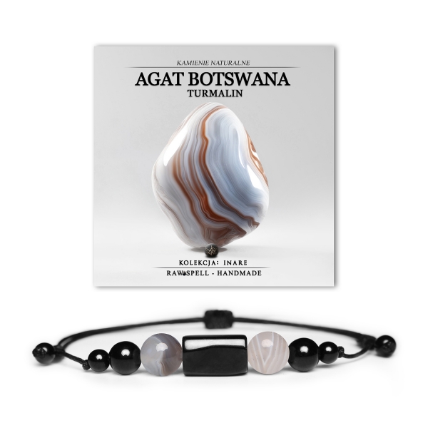Bransoletka z kolekcji Inare, stworzona z Agatu Botswana i Turmalinu, unisex – odpowiednia dla każdej płci.