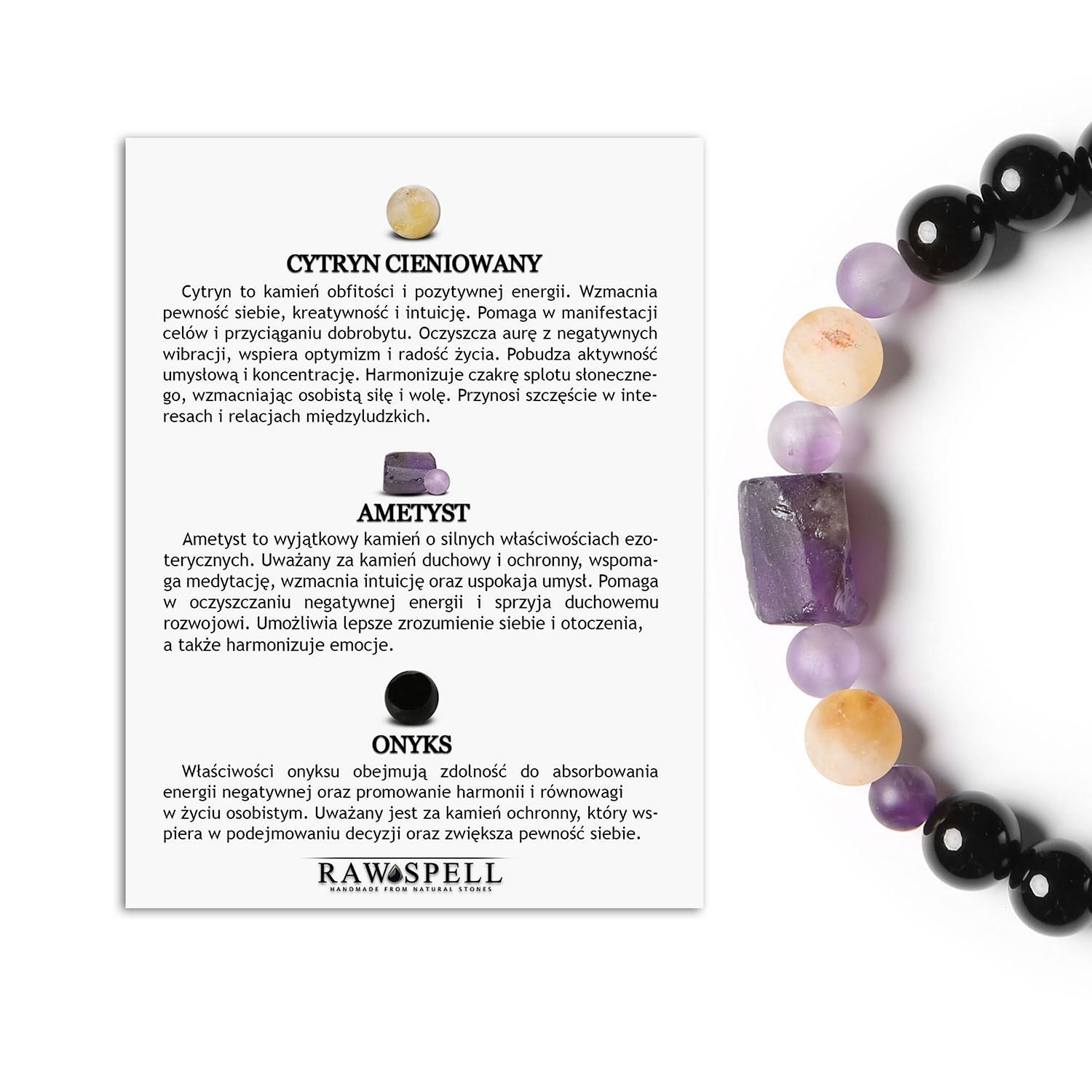 Damska i Męska bransoletka na sznurku z kolekcji Kema Cytryn Cieniowany, Ametyst, Onyks Elegancka bransoletka Kema dla mężczyzn i kobiet, z kamieniami półszlachetnymi: cieniowany cytryn, ametyst oraz onyks.