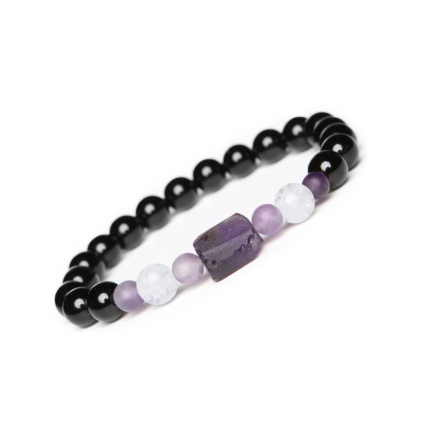 Damska i Męska bransoletka na sznurku z kolekcji Kema, zdobiona Kryształem Górskim, Ametystem i Onyksami Bransoletka z kamieni naturalnych Kryształ Górski Lodowy, Ametyst i Onyks z kolekcji Kema, stworzona dla kobiet i mężczyzn.