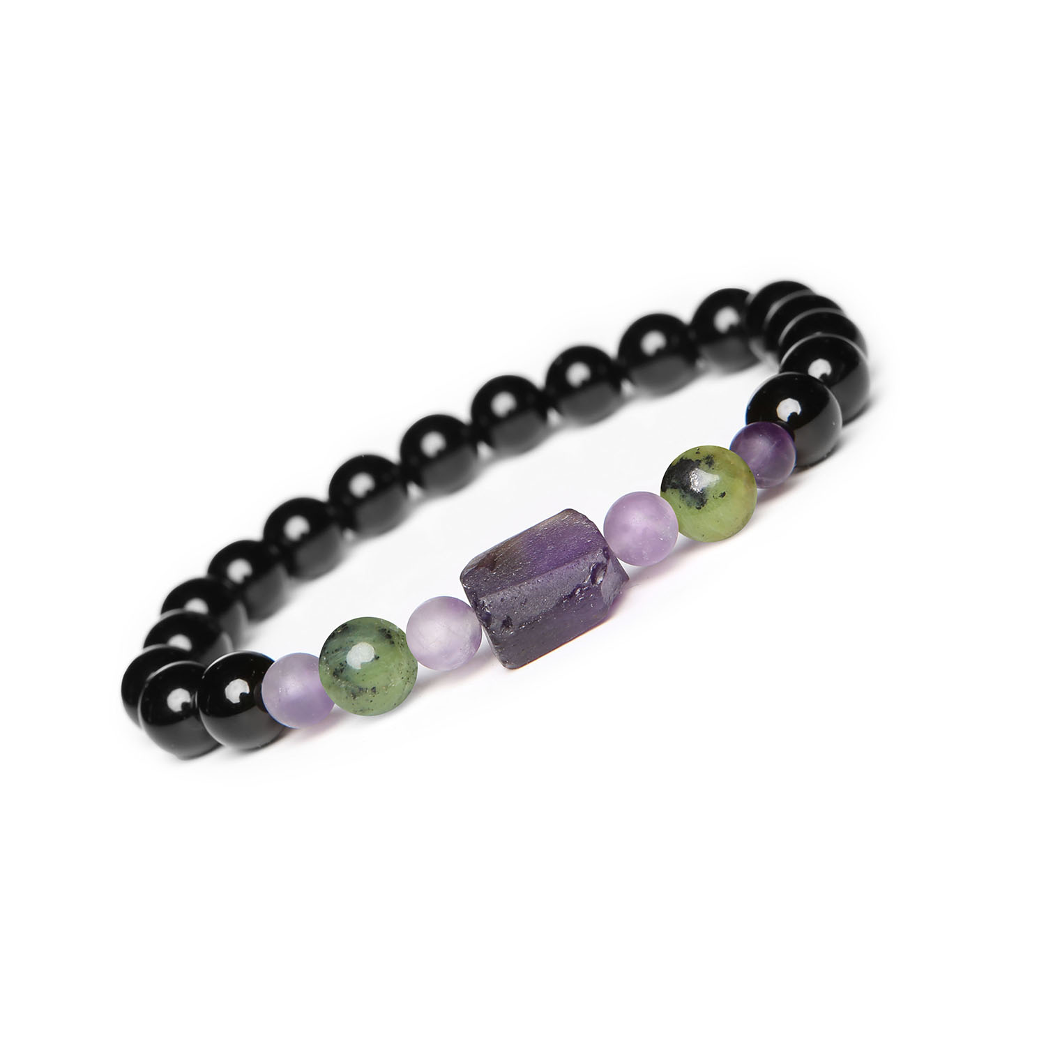 Damska i męska bransoletka Kema na sznurku z jadeitem zielonym, ametystem i onyksowym Damska i męska bransoletka z kolekcji Kema, ozdobiona naturalnymi kamieniami: jadeitem zielonym, ametystem i onyksami.