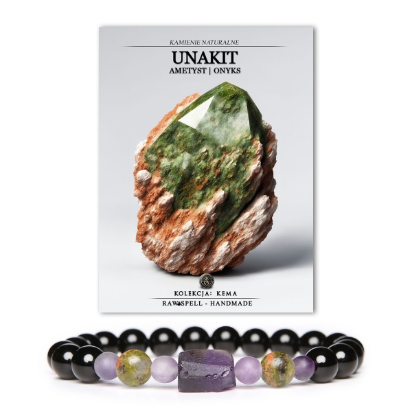 Stylowa bransoletka Kema z unakitem, ametystem i onyksem, idealna dla kobiet i mężczyzn.
