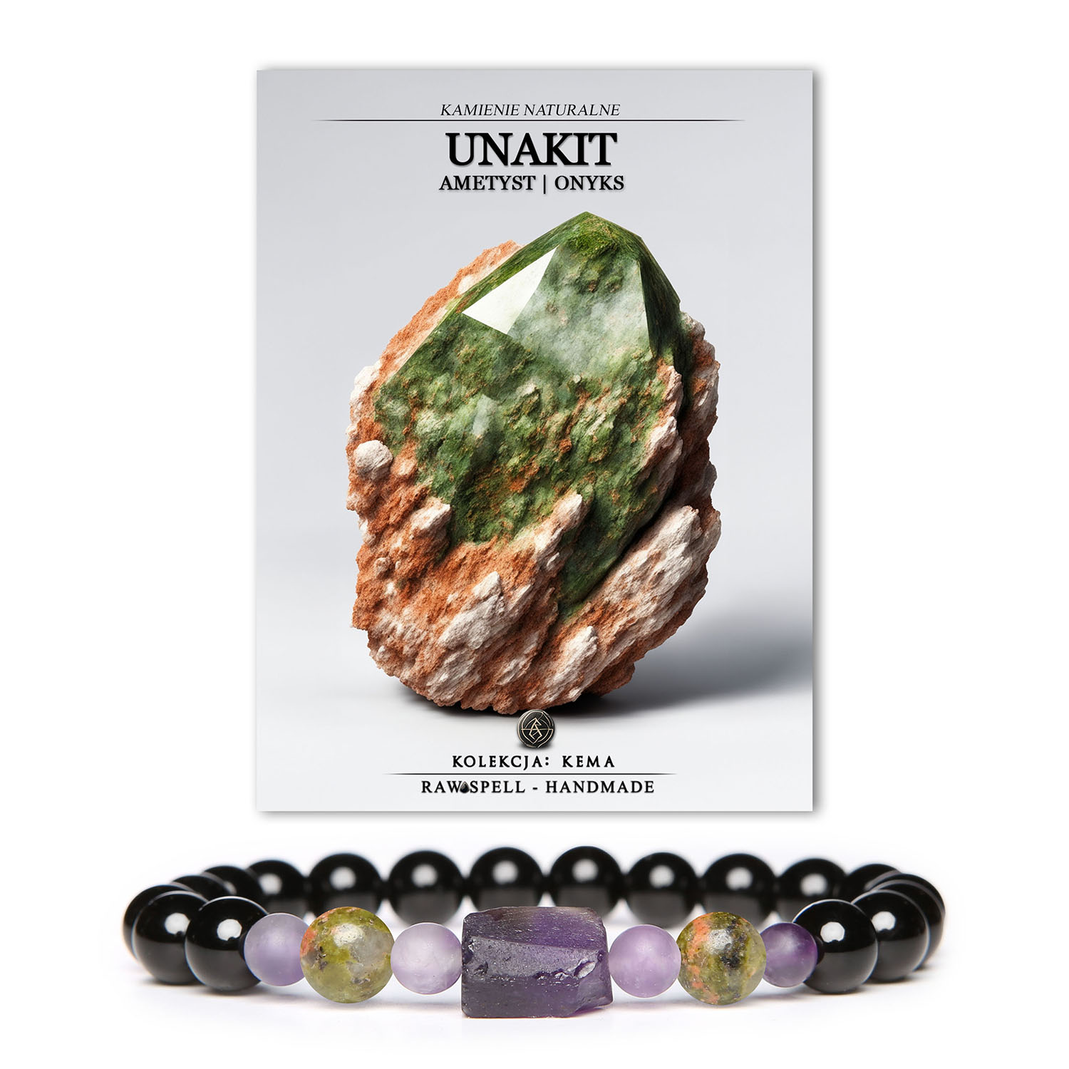 Stylowa bransoletka Kema z unakitem, ametystem i onyksem, idealna dla kobiet i mężczyzn.