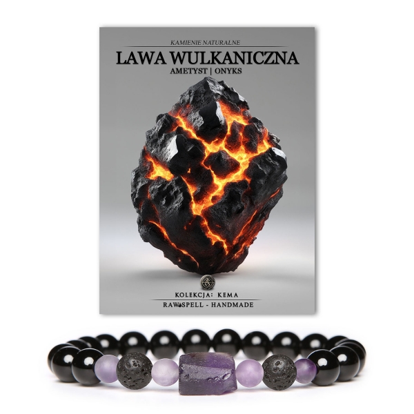 Stylowa bransoletka Kema z naturalnych kamieni, zawierająca lawę wulkaniczną, ametyst i onyks, dostępna dla kobiet i mężczyzn.