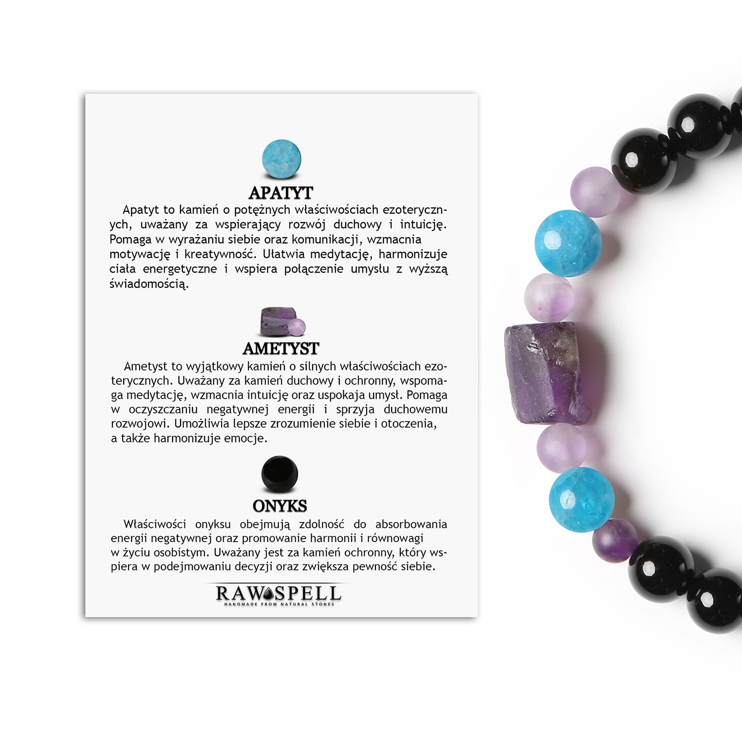 Damska i męska bransoletka Kema z Apatytem, Ametystem i Onyks w eleganckim wydaniu Stylowa bransoletka Kema z naturalnymi kamieniami apatytu, ametystu i onyksu. Uniwersalny design dla każdego.