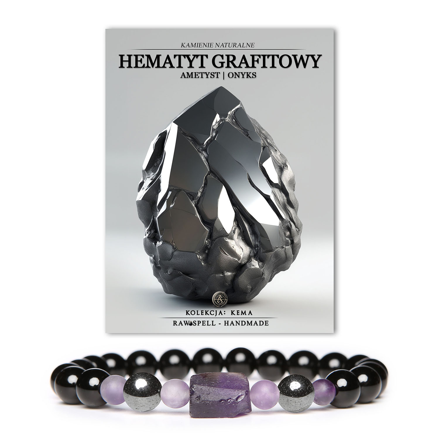 Bransoletka z kolekcji Kema z kamieniami naturalnymi: hematyt grafitowy, ametyst i onyks - unisex design.