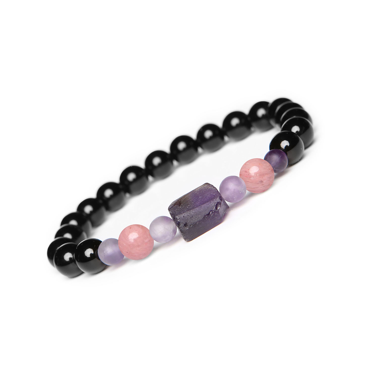 Damska i męska bransoletka Kema z rodonitem różowym, ametystem i onyksami Elegancka bransoletka Kema z kamieni naturalnych: rodonit różowy, ametyst, onyks - doskonała dla obu płci.