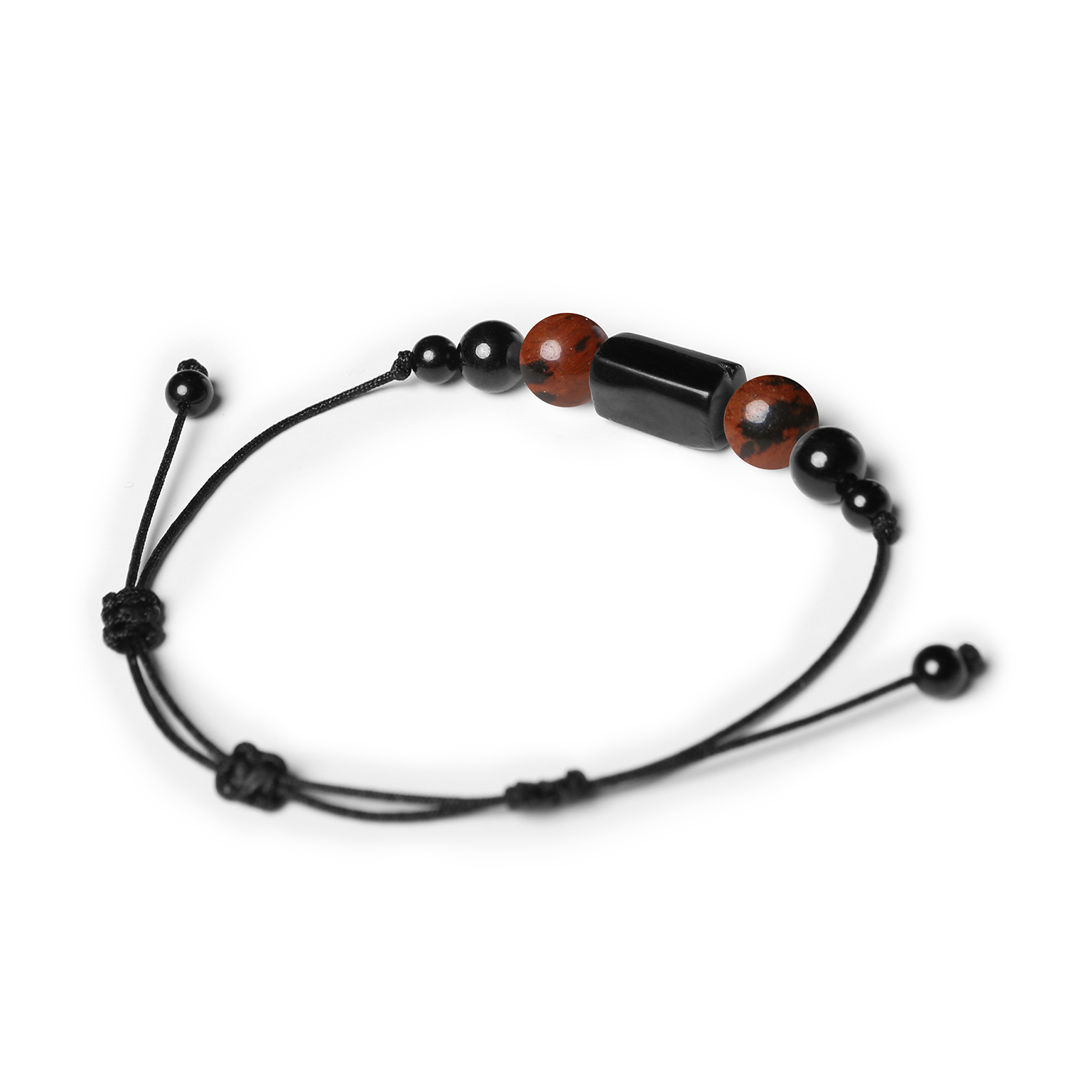 Bransoletka Inare z naturalnymi kamieniami: brązowy obsydian i turmalin, dostępna w wersji damskiej i męskiej.