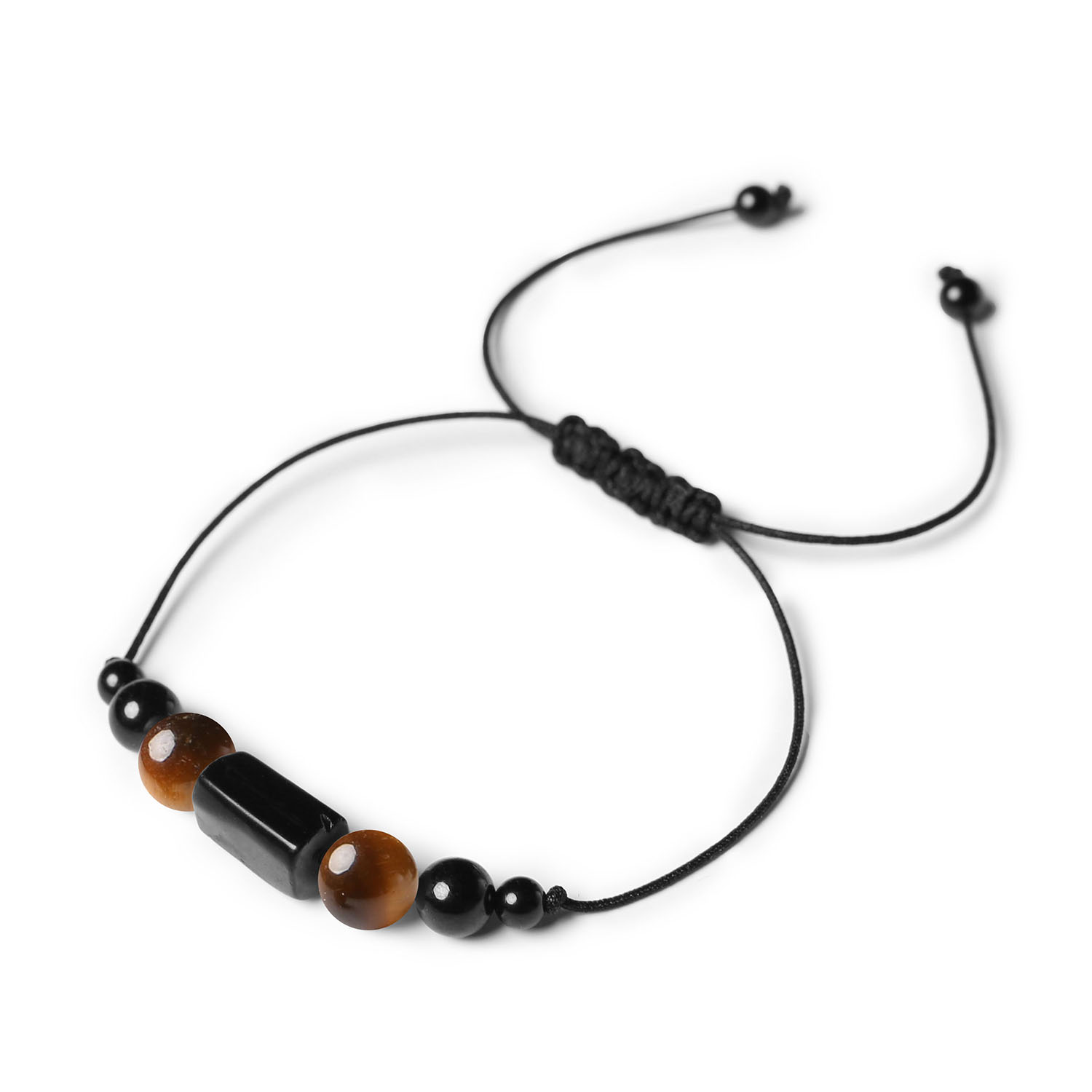 Damska i męska bransoletka na sznurku Inare z tygrysim okiem i turmalinem Uniwersalna bransoletka Inare wykonana z naturalnych kamieni: tygrysiego oka i turmalinu, dostępna dla obu płci.