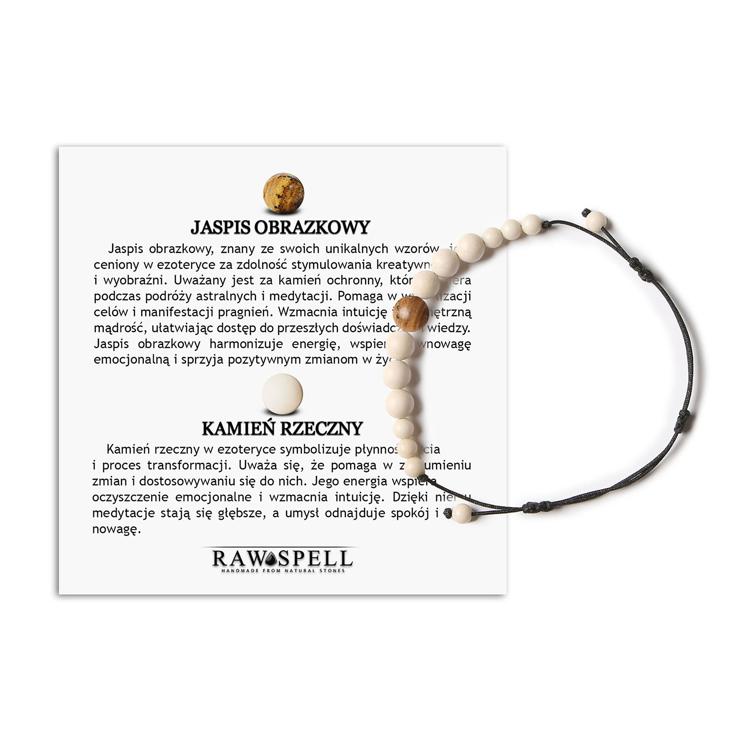 Damska i męska bransoletka na sznurku Jaue zdobiona jaspisem obrazkowym oraz kamieniem rzecznym Bransoletka Jaue z naturalnych kamieni, w tym jaspisem obrazkowym i kamieniem rzecznym, unisex - doskonała dla każdego.