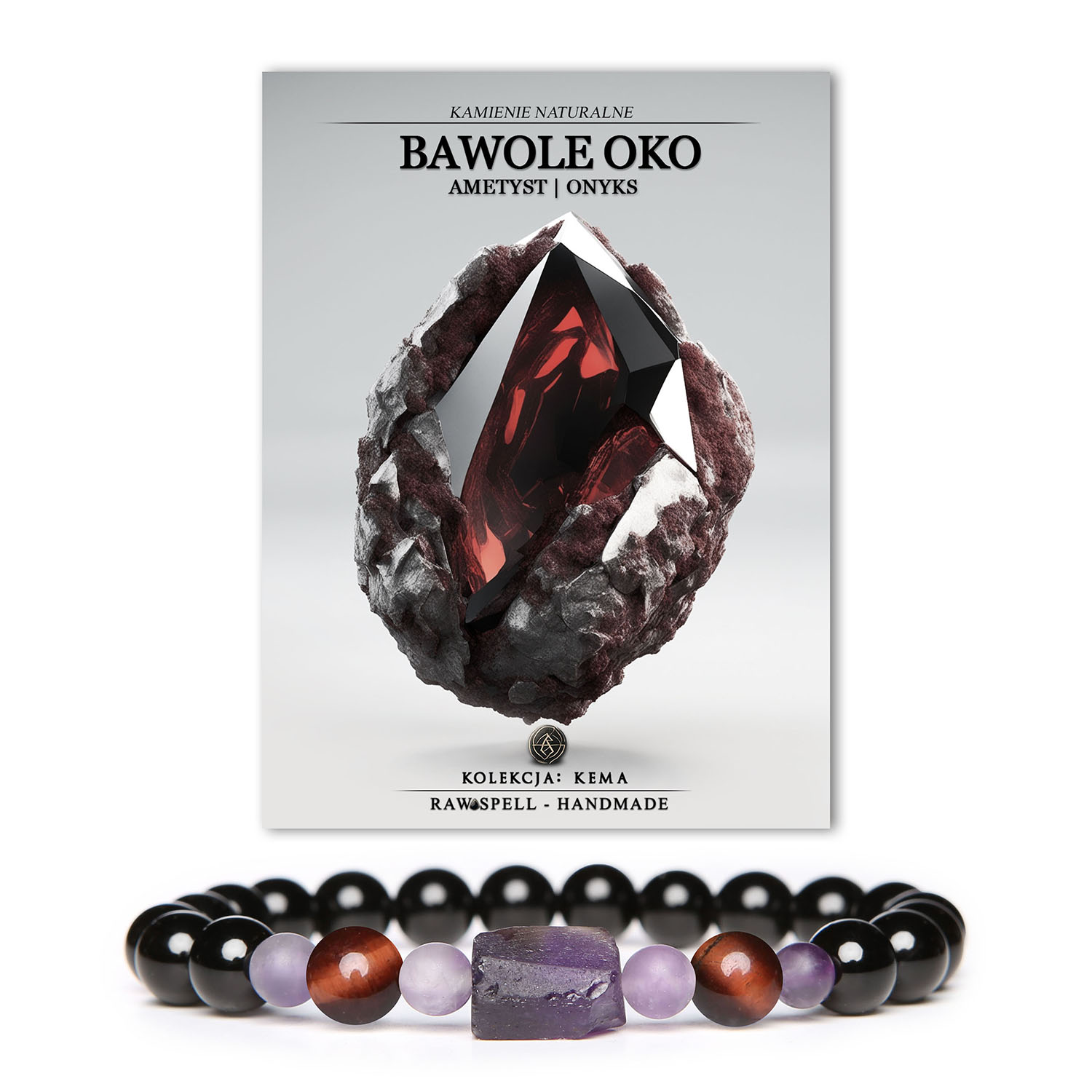 Damska i męska bransoletka z kolekcji Kema, zdobiona kamieniami bawole oko, ametyst i onyks.