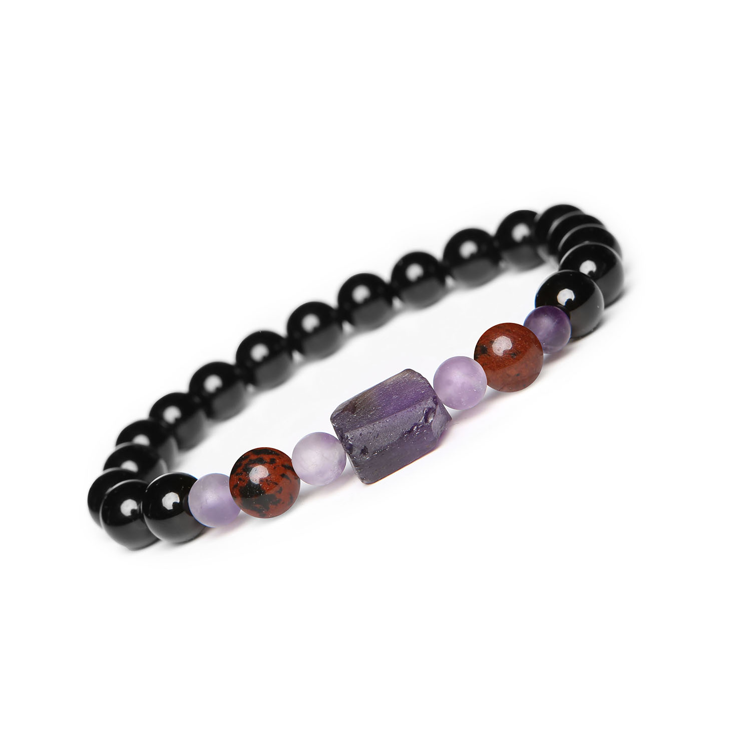 Damska i męska bransoletka na sznurku Kema z Obsydianem Brązowym, Ametystem i Onyksami Stylowa bransoletka na sznurku z kolekcji Kema, Obsydian Brązowy, Ametyst i Onyks, dla kobiet i mężczyzn.