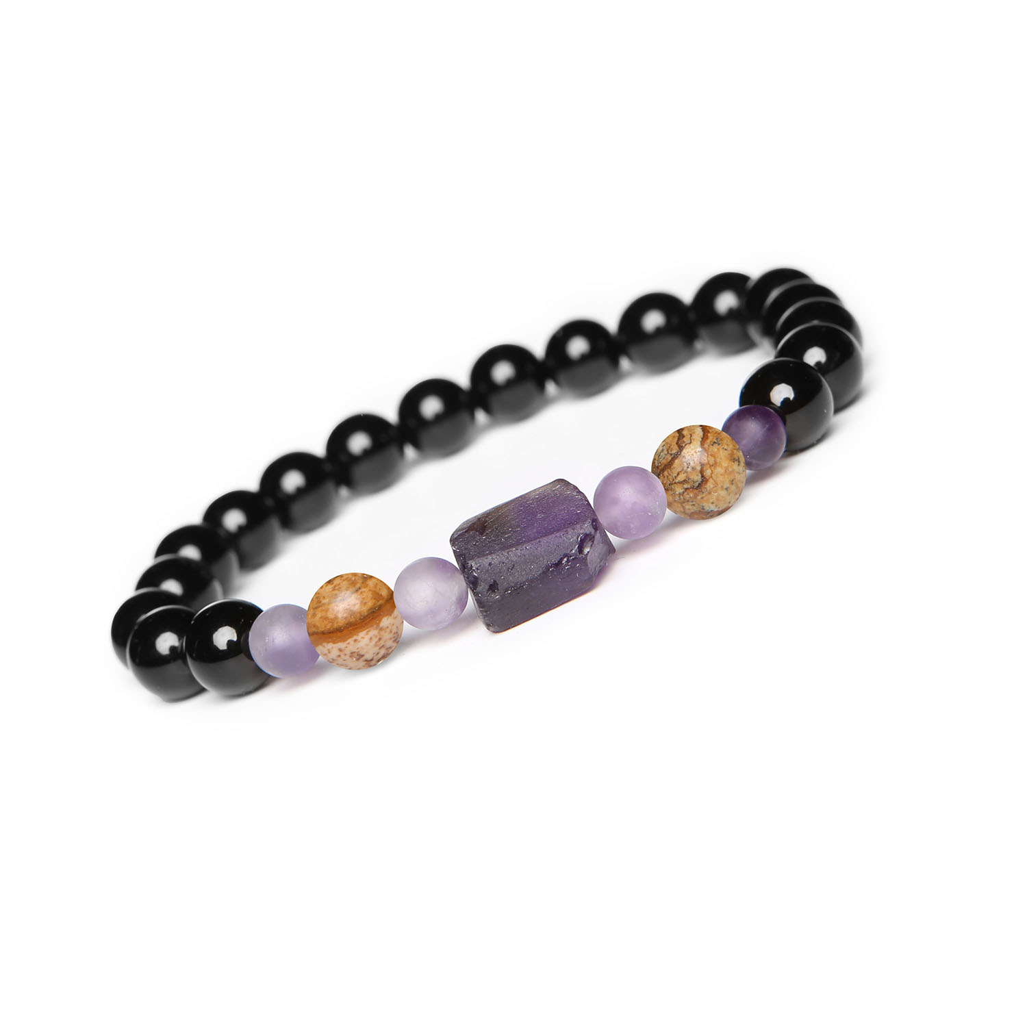 Damska i męska bransoletka na sznurku Kema z jaspisem obrazkowym, ametystem oraz onyksami Damska i męska bransoletka Kema z kamieniami naturalnymi: jaspis obrazkowy, ametyst oraz onyks, dostępna w eleganckim designie.