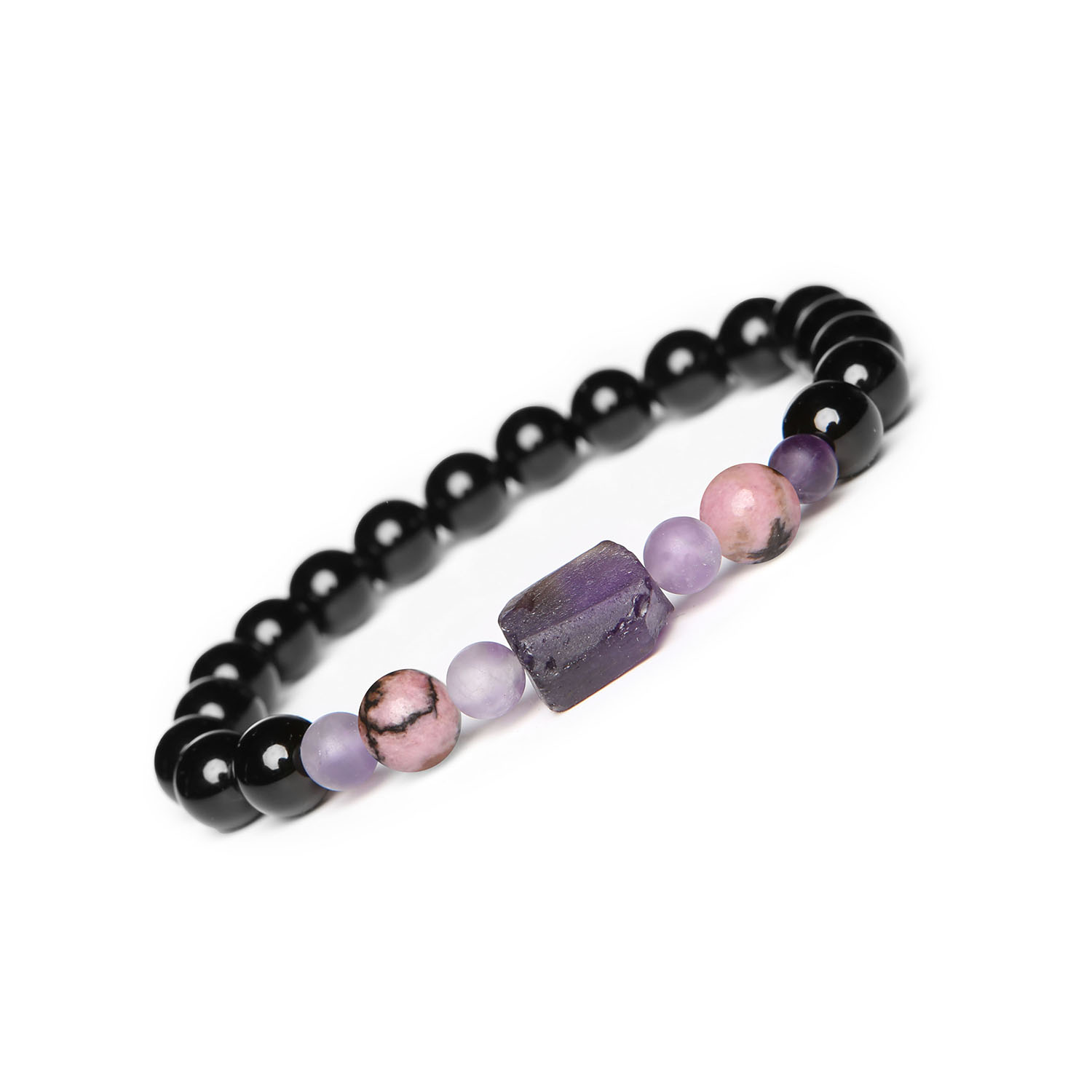 Damska i męska bransoletka na sznurku Kema z rodonitem różowo-czarnym oraz ametystem i onyksami Elegancka bransoletka Kema z rodonitem, ametystem i onyksami. Idealna dla obu płci, łącząca naturalne piękno i modny design.