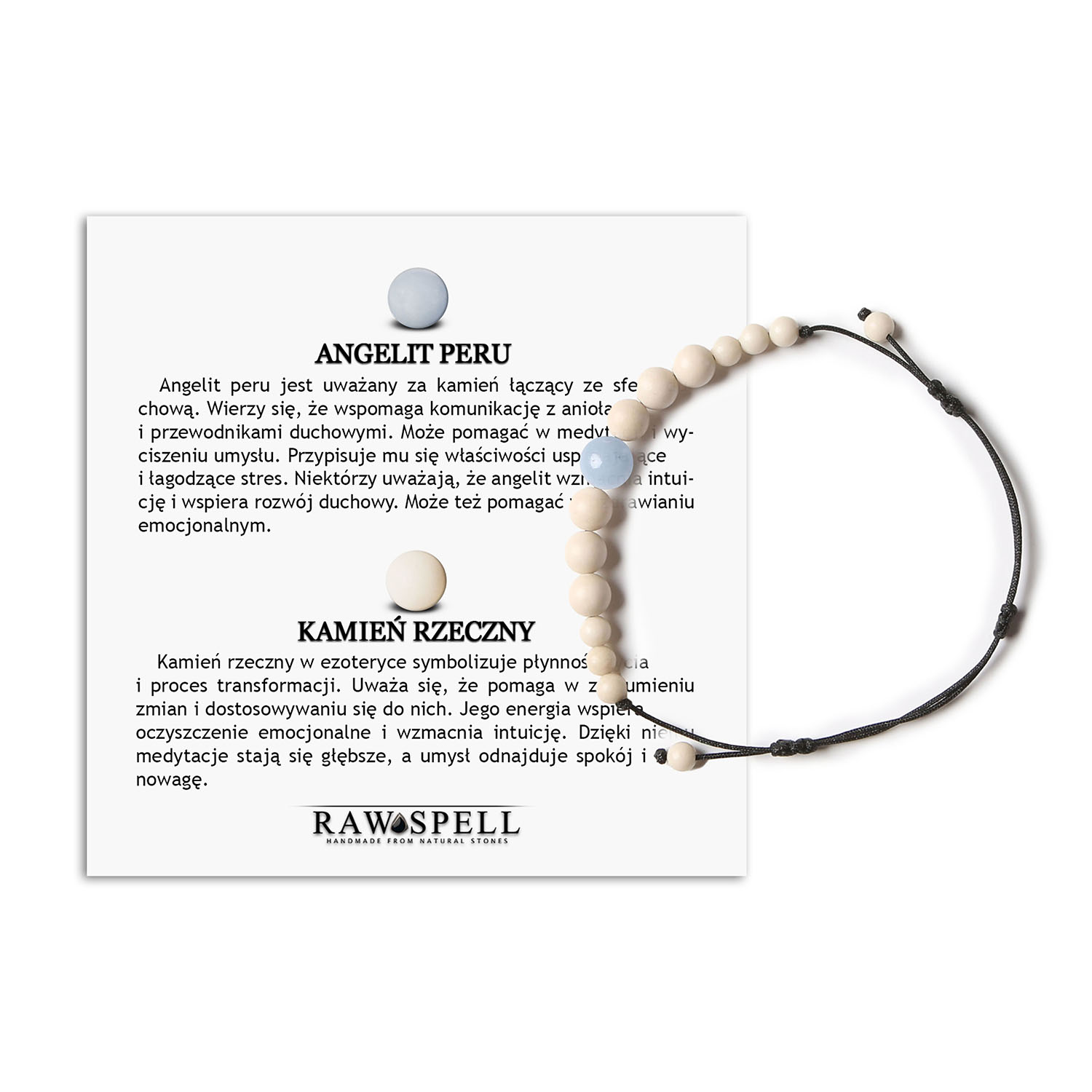 Damska i męska bransoletka na sznurku z Angelit Peru oraz Kamieniem Rzecznym z kolekcji Jaue Stylowa bransoletka Jaue z kamieniami angelitowymi z Peru oraz kamieniem rzecznym, dostępna w wersji damskiej i męskiej.