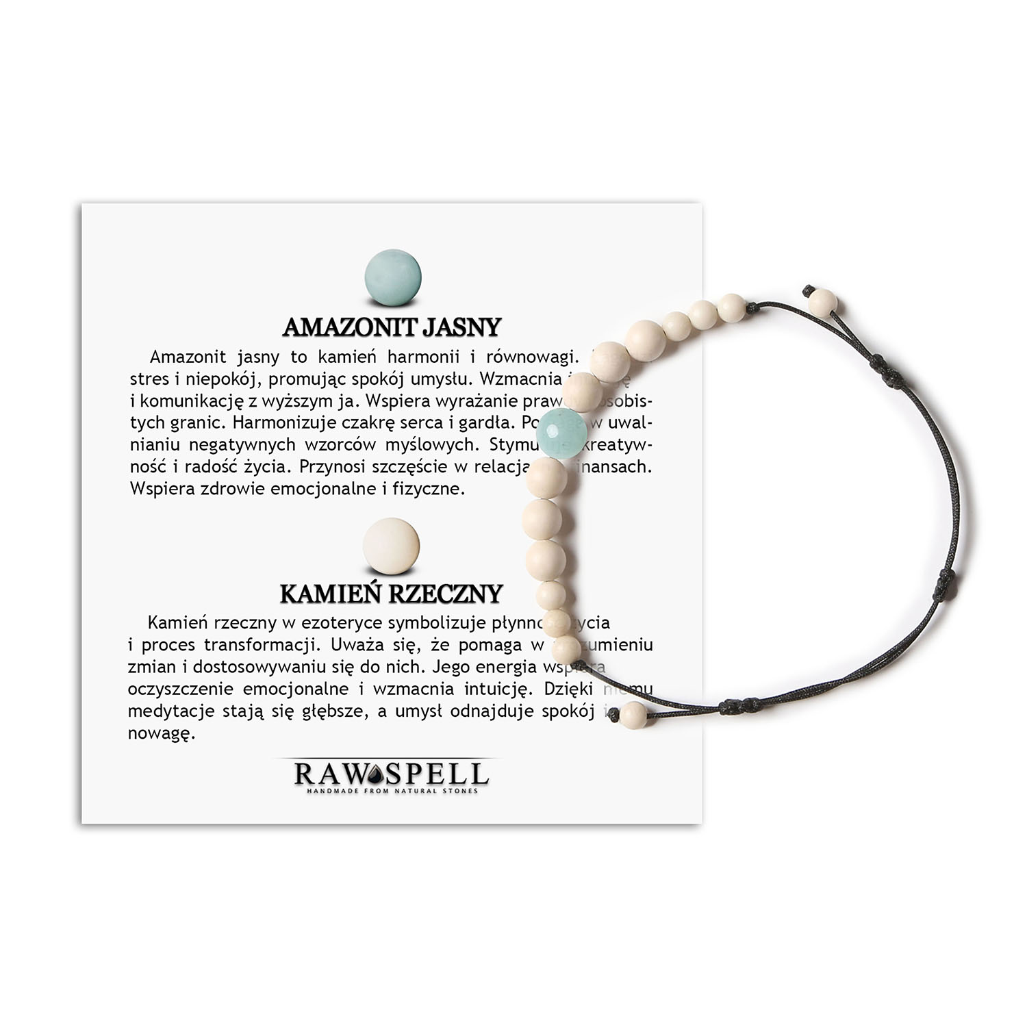 Damska i męska bransoletka na sznurku z jasnym amazonitem oraz kamieniem rzecznym z kolekcji Jaue Stylowa bransoletka z kolekcji Jaue, stworzona z jasnego amazonitu i kamienia rzecznego, idealna dla mężczyzn i kobiet.